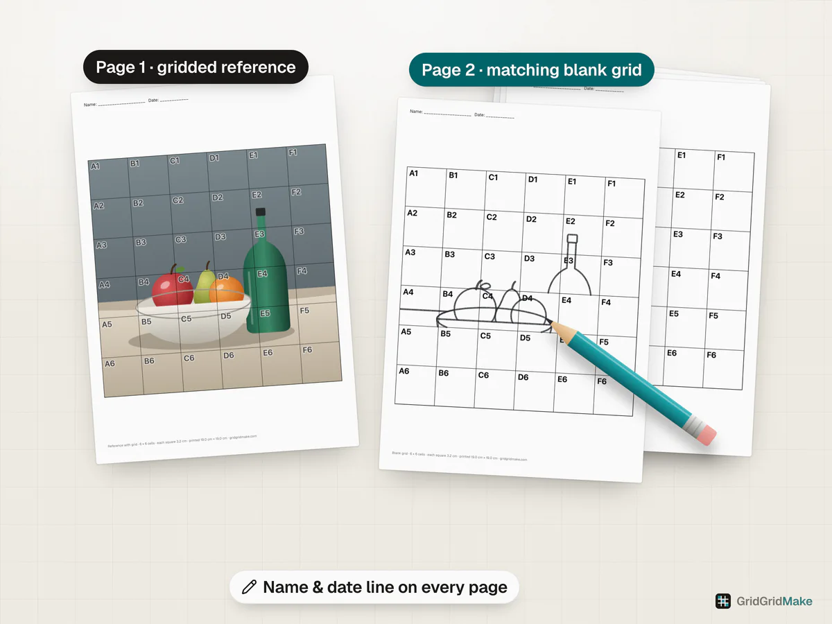 A two-page grid drawing worksheet: the gridded still-life reference and the matching blank grid with a name and date line, a drawing in progress and a stack of copies for the class.