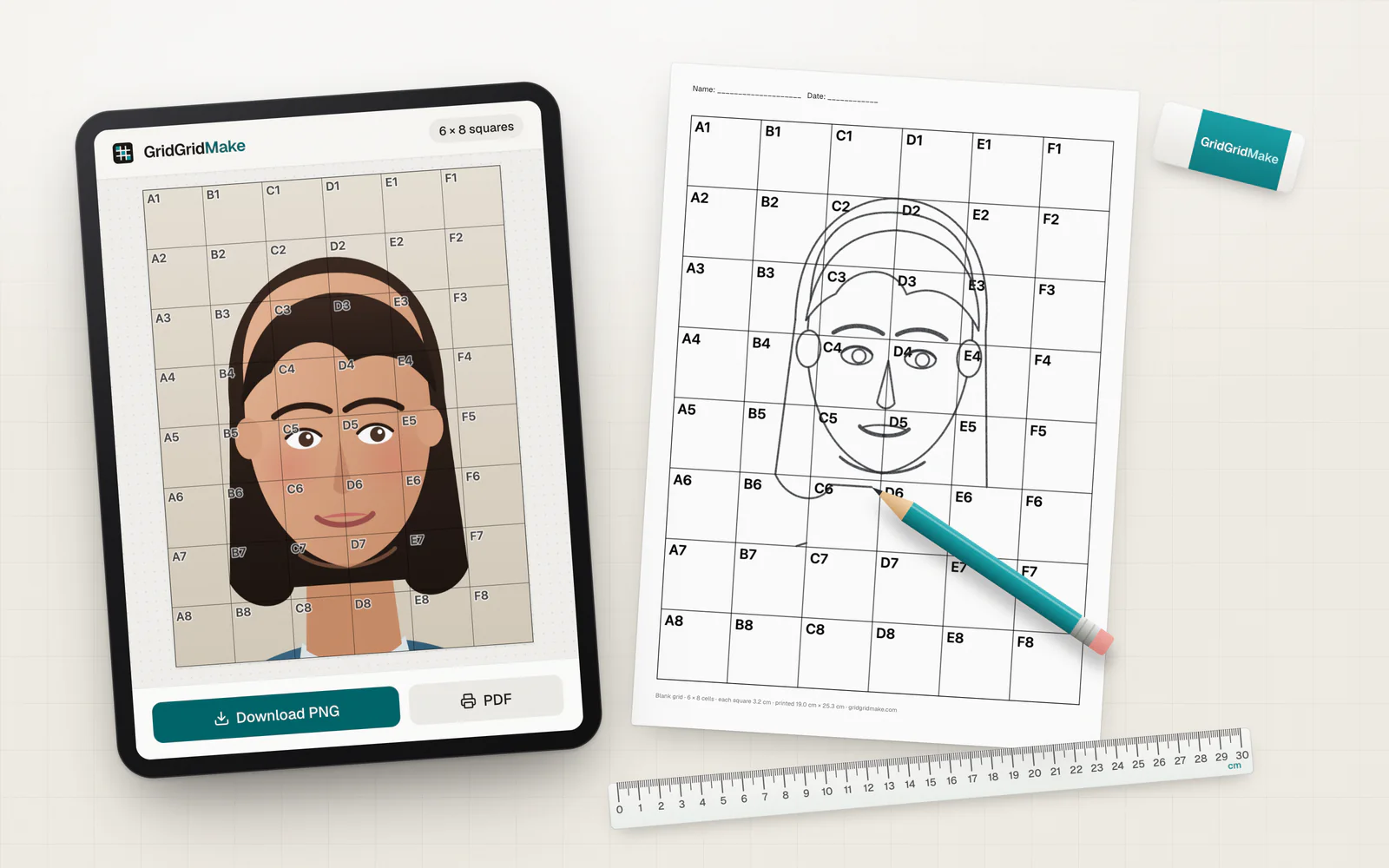 A tablet showing GridGridMake with a 6 × 8 grid on a portrait photo, next to a printed worksheet where the same portrait is being drawn square by square in pencil.