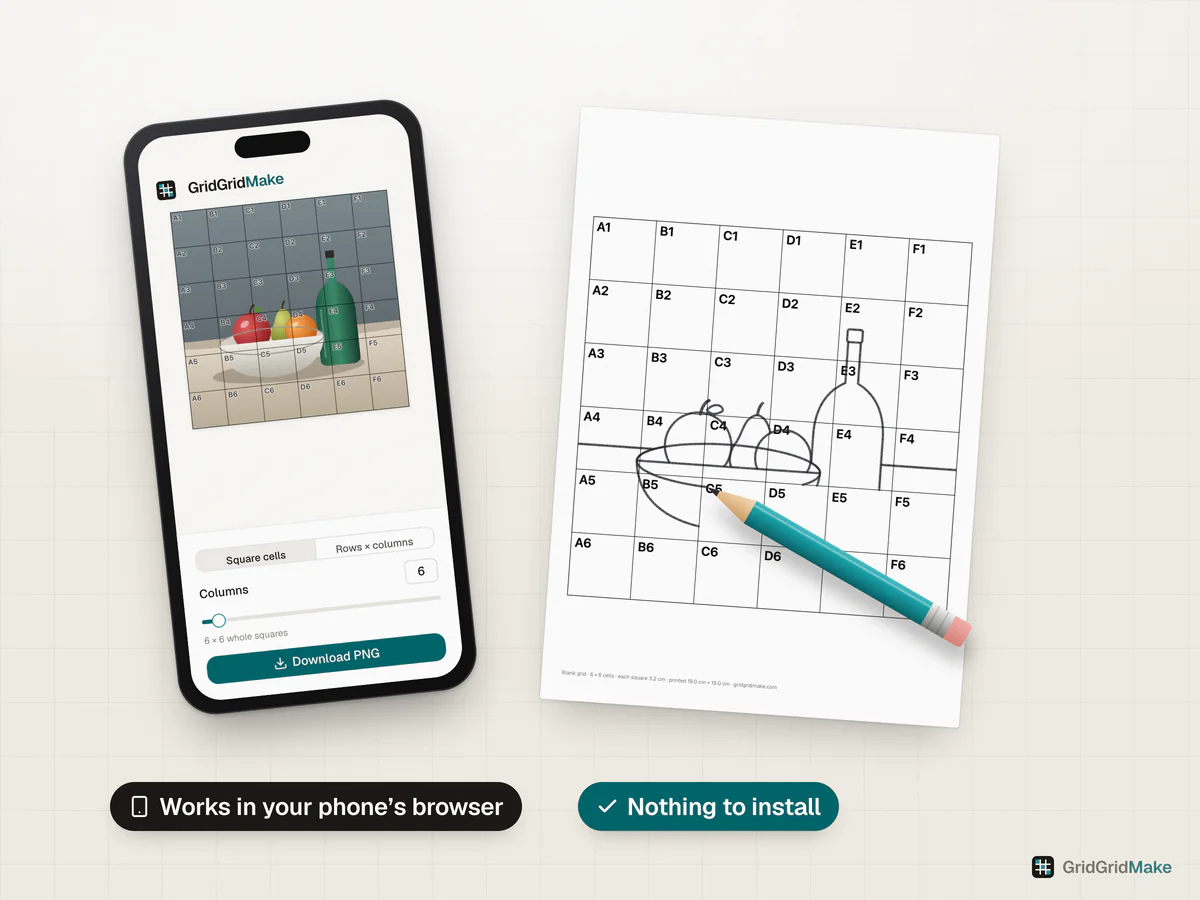 GridGridMake open in a phone browser with a gridded still life and the Columns control, beside a drawing in progress on a matching grid.