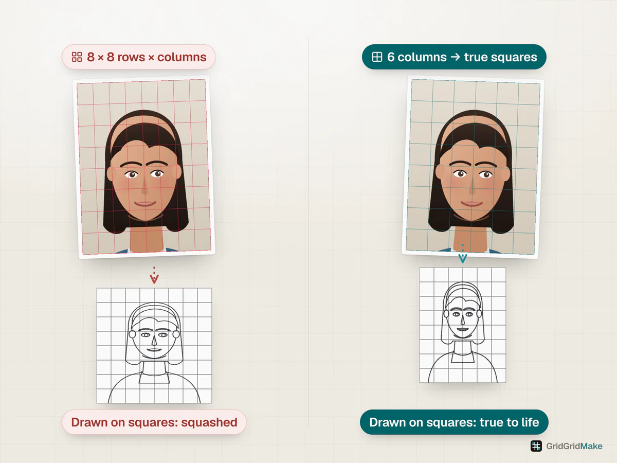 Left: an 8 × 8 rows-by-columns grid on a portrait photo makes tall rectangles, and copying it onto square cells squashes the face. Right: 6 columns of true squares give a drawing with correct proportions.